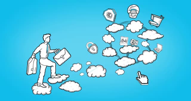 Image of business man climbing into cloud clouds for cloud computing