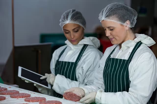 Two inspectors inspecting meat