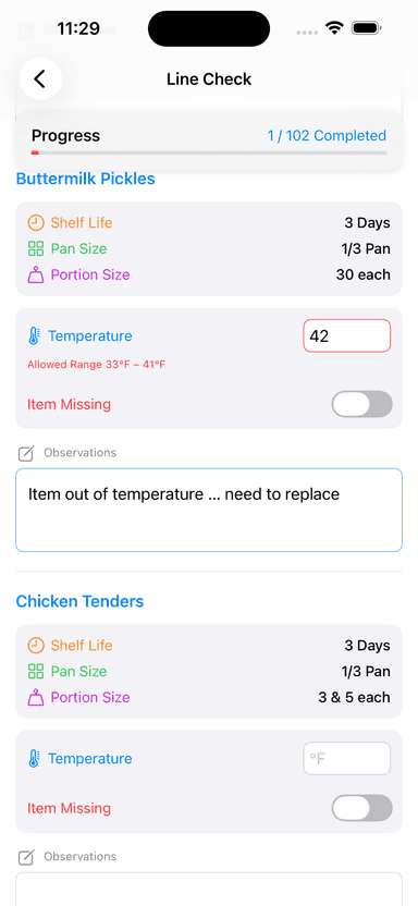 Mobile temperature logging screen